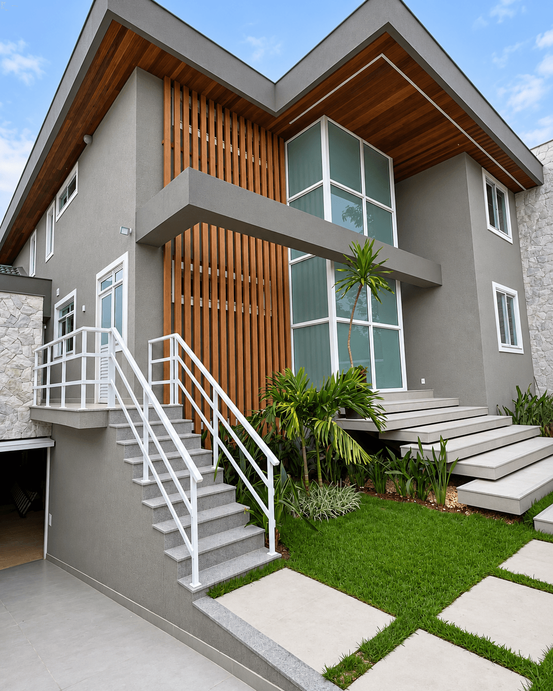 Residência com fachada contemporânea, ripas de madeira e grandes janelas